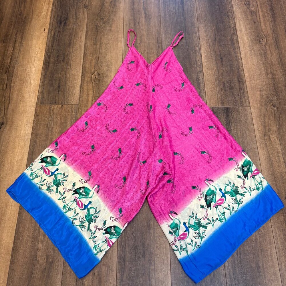 Pink Silk Wide-Leg Jumpsuit‎ Birds Strappy One Size Boho Flowy Statement Twee